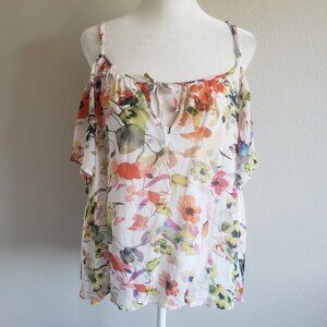 LOVE SAM Floral Chiffon Top Blouse Cold Shoulder Lined Flutter Sleeve Size S